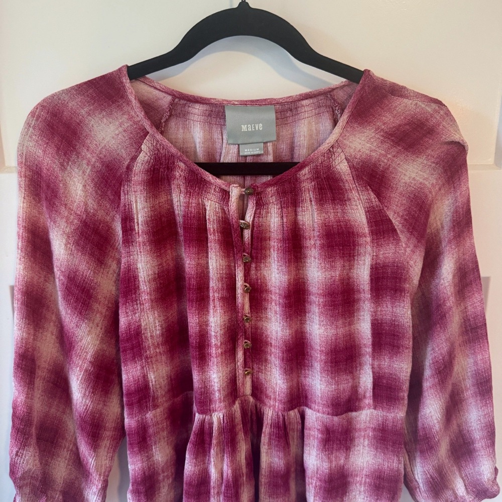 Maeve Anthropologie Magenta Plaid Babydoll Tunic Top Henley Peplum Medium